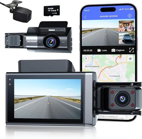 كاميرا قياس 3 قنوات - نظام تحديد المواقع العالمي واي فاي مدمج، 2K+1080P+1080P أمامي وخلفي داخلي، مع بطاقة SD سعة 64 جيجابايت، وشاشة LCD 3 بوصات رؤية ليلية بالأشعة تحت الحمراء، ومستشعر G، ووضع انتظار السيارات، وتسجيل حلقة، وكاميرا داش للسيارات مع التطبيق in Kuwait