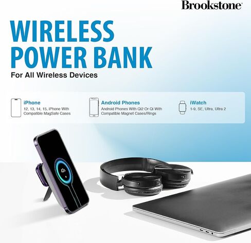 بنك طاقة لاسلكي للشحن المغناطيسي من Brookstone مع حامل وشاحن بنك طاقة مغناطيسي محمول بقدرة 5000 مللي أمبير في الساعة، حزمة بطارية شاحن سريع لهاتف iPhone 15،14،13،12 Pro Max، لجميع أجهزة iWatch in Kuwait