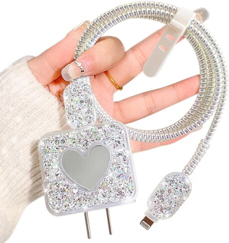 Glitter DIY Cable Protector Compatible for Apple iPhone Power Adapter with Mirror,Cute Bling Love Heart Design,Data Line USB Case Wire Cable Saver Phone Charger Protector for iPhone (Silver) in Kuwait