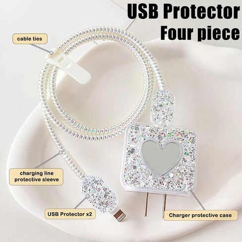 Glitter DIY Cable Protector Compatible for Apple iPhone Power Adapter with Mirror,Cute Bling Love Heart Design,Data Line USB Case Wire Cable Saver Phone Charger Protector for iPhone (Silver) in Kuwait