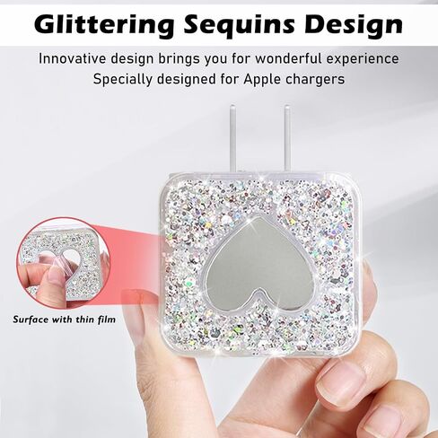Glitter DIY Cable Protector Compatible for Apple iPhone Power Adapter with Mirror,Cute Bling Love Heart Design,Data Line USB Case Wire Cable Saver Phone Charger Protector for iPhone (Silver) in Kuwait