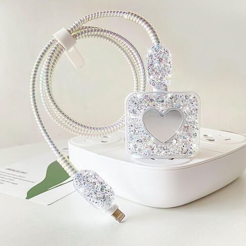 Glitter DIY Cable Protector Compatible for Apple iPhone Power Adapter with Mirror,Cute Bling Love Heart Design,Data Line USB Case Wire Cable Saver Phone Charger Protector for iPhone (Silver) in Kuwait