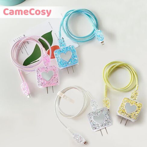 Glitter DIY Cable Protector Compatible for Apple iPhone Power Adapter with Mirror,Cute Bling Love Heart Design,Data Line USB Case Wire Cable Saver Phone Charger Protector for iPhone (Silver) in Kuwait