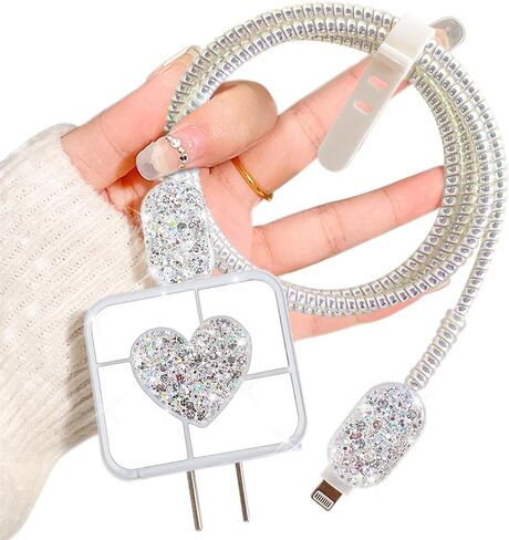 Glitter DIY Cable Protector Compatible for Apple iPhone Power Adapter with Mirror,Cute Bling Love Heart Design,Data Line USB Case Wire Cable Saver Phone Charger Protector for iPhone (Silver) in Kuwait