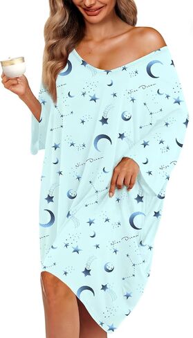 KFUBUO حجم كبير قمصان النوم للنساء الخامس الرقبة النوم بلايز فستان Pjs صالة قصيرة الأكمام ملابس خاصة مع جيب صالح S-5XL in Kuwait