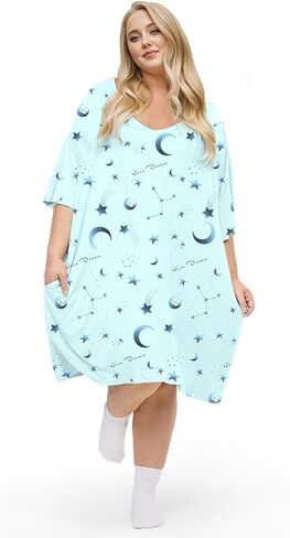KFUBUO حجم كبير قمصان النوم للنساء الخامس الرقبة النوم بلايز فستان Pjs صالة قصيرة الأكمام ملابس خاصة مع جيب صالح S-5XL in Kuwait