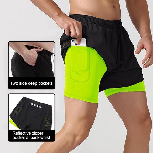 شورت رياضي رياضي 2 في 1 للرجال خفيف الوزن للجري لكرة السلة مع جيوب بسحاب وأشرطة عاكسة in Kuwait