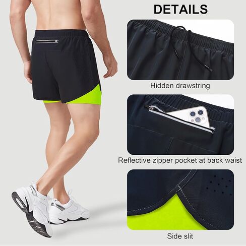 شورت رياضي رياضي 2 في 1 للرجال خفيف الوزن للجري لكرة السلة مع جيوب بسحاب وأشرطة عاكسة in Kuwait