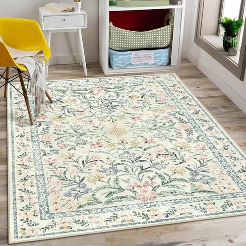 Lahome Blue 5x7 Area Rugs for Living Room, Boho Floral Washable Girls Bedroom Rug, Soft Retro Non-Slip Nursery Rugs for Kids Room Playroom Apartment, Baby Blue in Saudi Arabia