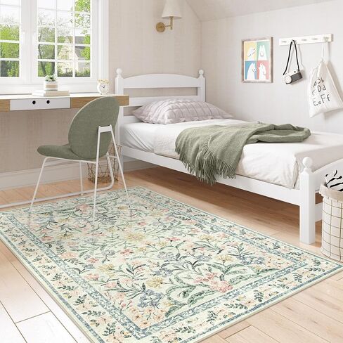 Lahome Blue 5x7 Area Rugs for Living Room, Boho Floral Washable Girls Bedroom Rug, Soft Retro Non-Slip Nursery Rugs for Kids Room Playroom Apartment, Baby Blue in Saudi Arabia