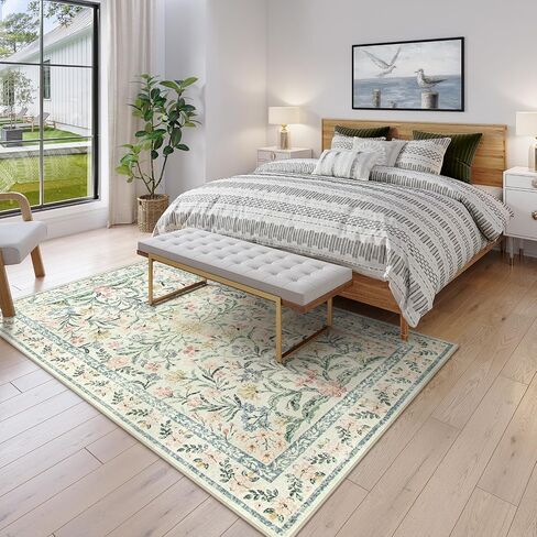 Lahome Blue 5x7 Area Rugs for Living Room, Boho Floral Washable Girls Bedroom Rug, Soft Retro Non-Slip Nursery Rugs for Kids Room Playroom Apartment, Baby Blue in Saudi Arabia