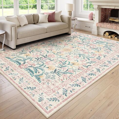 Lahome Blue 5x7 Area Rugs for Living Room, Boho Floral Washable Girls Bedroom Rug, Soft Retro Non-Slip Nursery Rugs for Kids Room Playroom Apartment, Baby Blue in Saudi Arabia