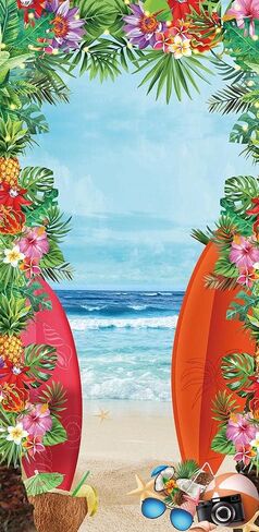لافتة باب الشاطئ الاستوائية الصيفية لوازم الشاطئ محارة هاواي الأزرق البحر زهرة صورة خلفية عيد ميلاد الأطفال استحمام الطفل لوا لافتة باب حفلة كعكة الجدول راية 72.8 × 35.4 بوصة in Kuwait