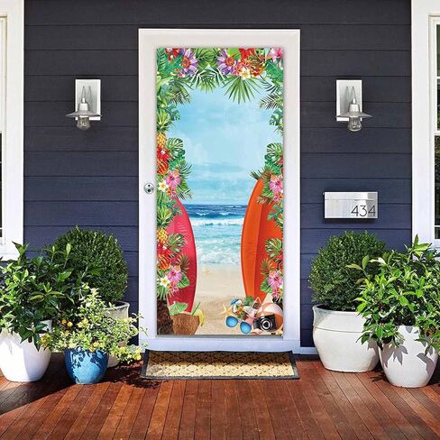 لافتة باب الشاطئ الاستوائية الصيفية لوازم الشاطئ محارة هاواي الأزرق البحر زهرة صورة خلفية عيد ميلاد الأطفال استحمام الطفل لوا لافتة باب حفلة كعكة الجدول راية 72.8 × 35.4 بوصة in Kuwait