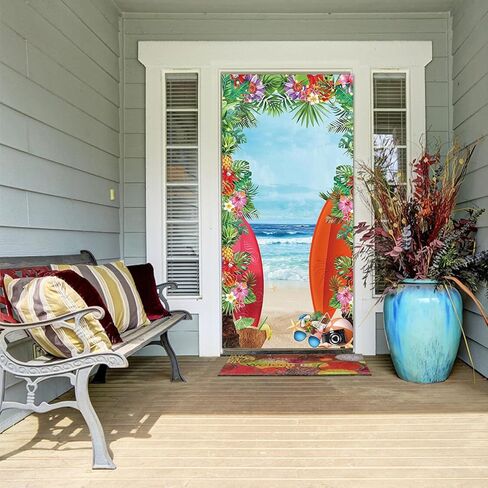 لافتة باب الشاطئ الاستوائية الصيفية لوازم الشاطئ محارة هاواي الأزرق البحر زهرة صورة خلفية عيد ميلاد الأطفال استحمام الطفل لوا لافتة باب حفلة كعكة الجدول راية 72.8 × 35.4 بوصة in Kuwait