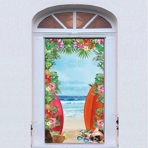 لافتة باب الشاطئ الاستوائية الصيفية لوازم الشاطئ محارة هاواي الأزرق البحر زهرة صورة خلفية عيد ميلاد الأطفال استحمام الطفل لوا لافتة باب حفلة كعكة الجدول راية 72.8 × 35.4 بوصة in Kuwait