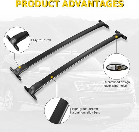 قضبان متقاطعة لرف السقف من AUXMART تناسب Ford Expedition 2018-2022 وLincoln Navigator 2018-2021 مع نقطة ثابتة للسكك الحديدية الجانبية، حامل قضبان متقاطعة للسقف من الألومنيوم شديد التحمل بوزن 165 رطل لدراجة كانو كاياك in Kuwait