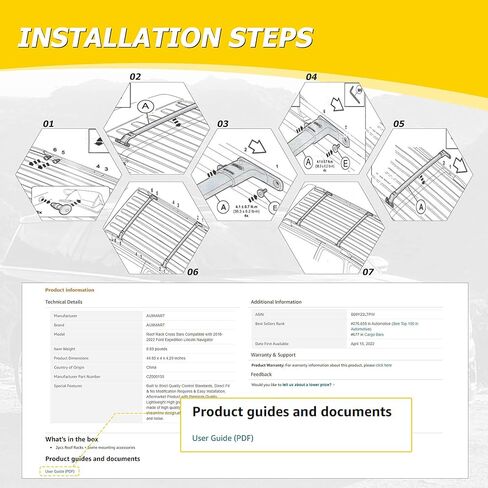 قضبان متقاطعة لرف السقف من AUXMART تناسب Ford Expedition 2018-2022 وLincoln Navigator 2018-2021 مع نقطة ثابتة للسكك الحديدية الجانبية، حامل قضبان متقاطعة للسقف من الألومنيوم شديد التحمل بوزن 165 رطل لدراجة كانو كاياك in Kuwait