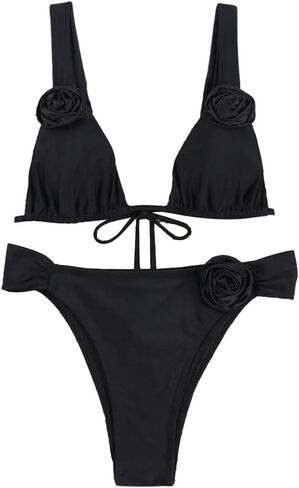 Floerns Women's Appliques Rose Underwired Knotted String Bra Bikini Set Thong Swimsuits in Saudi Arabia
