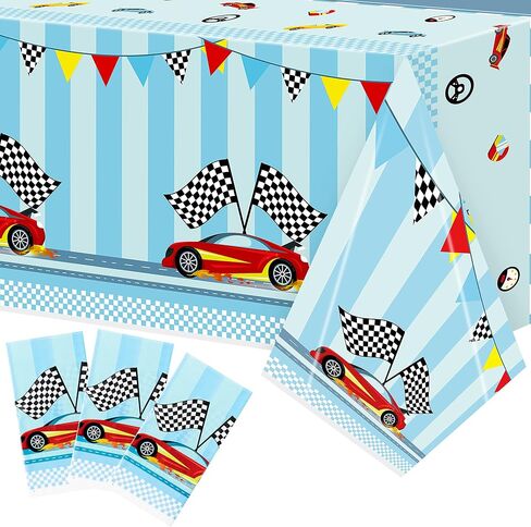 3PCS Racing Car Party Tablecloth Decoration Checkered Flag Race Car Disposable Plastic Rectangular Table Covers for Kids Boys Birthday Racing Car Party Baby Shower Decor Supplies, 54X108inch in Saudi Arabia