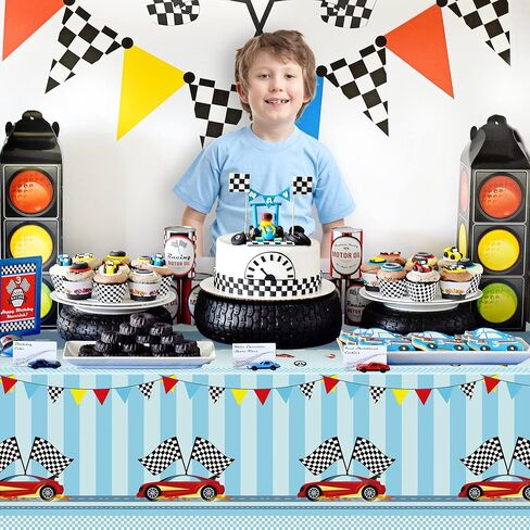 3PCS Racing Car Party Tablecloth Decoration Checkered Flag Race Car Disposable Plastic Rectangular Table Covers for Kids Boys Birthday Racing Car Party Baby Shower Decor Supplies, 54X108inch in Saudi Arabia