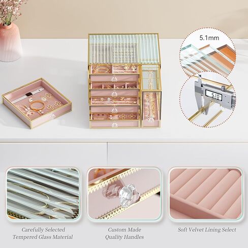 Jewelry Box Tempered Glass 5-Drawer Jewelry Organizers and storage, Large Jewelry Boxes & Organizers With Velvet Necklaces Earring Organizer. in Kuwait