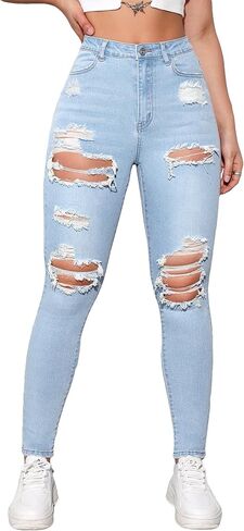 Floerns Women's Stretchy Ripped Skinny High Waist Denim Jeans with Pockets in Saudi Arabia