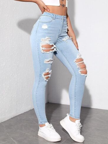 Floerns Women's Stretchy Ripped Skinny High Waist Denim Jeans with Pockets in Saudi Arabia
