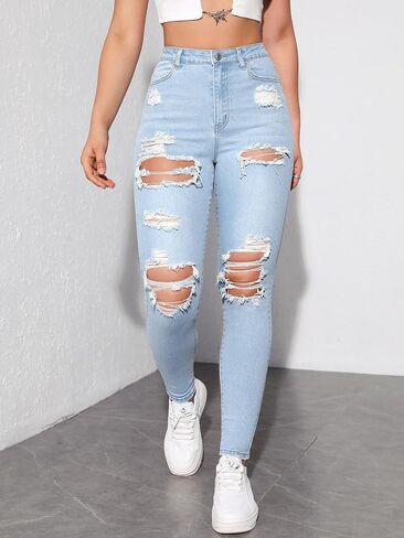 Floerns Women's Stretchy Ripped Skinny High Waist Denim Jeans with Pockets in Saudi Arabia