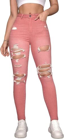 Floerns Women's Stretchy Ripped Skinny High Waist Denim Jeans with Pockets in Saudi Arabia