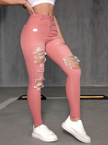 Floerns Women's Stretchy Ripped Skinny High Waist Denim Jeans with Pockets in Saudi Arabia