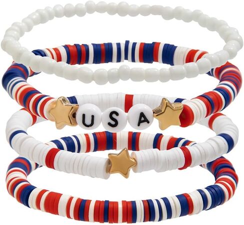 Caiyao Independence Patriotic Day Handmade 4-5pcs Red White Blue Star Heart Letter Shape Vinyl Disc Heishi Surfer Beads Stackable Bracelet Party Parade Celebration Bangle Jewelry in Saudi Arabia