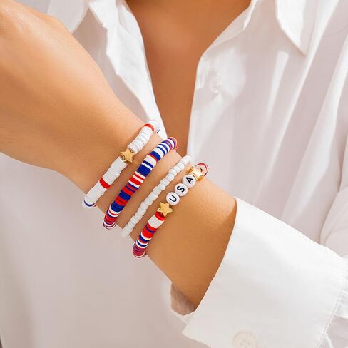 Caiyao Independence Patriotic Day Handmade 4-5pcs Red White Blue Star Heart Letter Shape Vinyl Disc Heishi Surfer Beads Stackable Bracelet Party Parade Celebration Bangle Jewelry in Saudi Arabia
