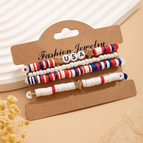 Caiyao Independence Patriotic Day Handmade 4-5pcs Red White Blue Star Heart Letter Shape Vinyl Disc Heishi Surfer Beads Stackable Bracelet Party Parade Celebration Bangle Jewelry in Saudi Arabia