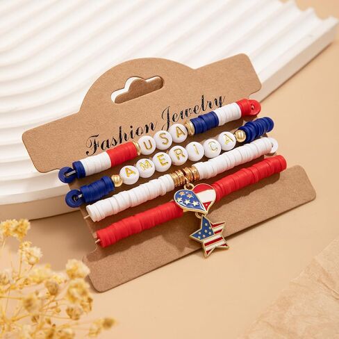 Caiyao Independence Patriotic Day Handmade 4-5pcs Red White Blue Star Heart Letter Shape Vinyl Disc Heishi Surfer Beads Stackable Bracelet Party Parade Celebration Bangle Jewelry in Saudi Arabia