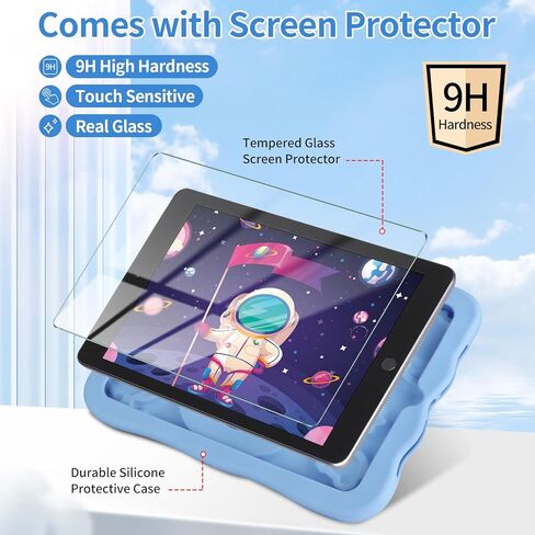 حافظة لجهاز iPad الجيل الخامس والسادس Pro 9.7 لجهاز iPad Air 1/2 مع واقي شاشة وحامل كرتوني وحبل لطيف من السيليكون لكامل الجسم واقٍ للكمبيوتر اللوحي للأطفال الأولاد باللون الأزرق in Kuwait