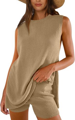 ANRABESS Women Summer 2 Piece Outfits Sleeveless Knit Sweater Top & Shorts Soft Lounge Sets Travel Beach 2024 Clothes in Saudi Arabia