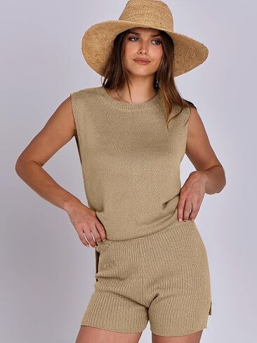 ANRABESS Women Summer 2 Piece Outfits Sleeveless Knit Sweater Top & Shorts Soft Lounge Sets Travel Beach 2024 Clothes in Saudi Arabia