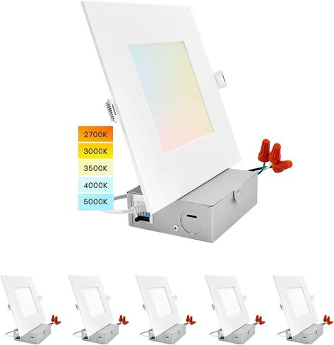 Dimmable LED Panel Lights, AC 110V-130V 9W 900LM Ultra-Thin 4 Inch LED Recessed Light with Junction Box, 2700K/3000K/3500K/4000K/5000K Selectable, for Home and Commercial Lighting (Square) in Kuwait
