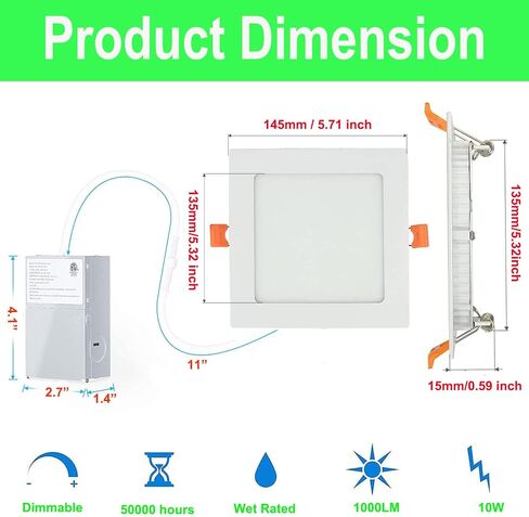 Dimmable LED Panel Lights, AC 110V-130V 9W 900LM Ultra-Thin 4 Inch LED Recessed Light with Junction Box, 2700K/3000K/3500K/4000K/5000K Selectable, for Home and Commercial Lighting (Square) in Kuwait