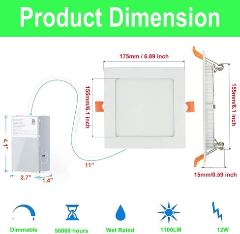 Dimmable LED Panel Lights, AC 110V-130V 9W 900LM Ultra-Thin 4 Inch LED Recessed Light with Junction Box, 2700K/3000K/3500K/4000K/5000K Selectable, for Home and Commercial Lighting (Square) in Kuwait