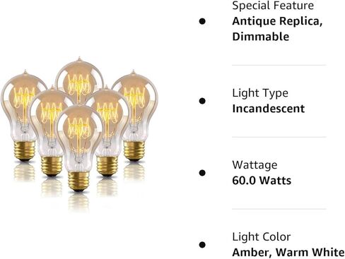 4 عبوات من مصابيح إديسون الكهربائية، 60 وات، مصابيح الإضاءة المتوهجة A19 العتيقة، مصابيح الإضاءة المتوهجة E26 ذات الطراز القديم القابلة للتعتيم، 240 لومن، 2100 ك أبيض دافئ، زجاج كهرماني in Kuwait