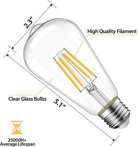 6 Packs ST58 LED Edison Bulbs, 4 Watt Vintage Light Bulbs Equivalent to 40 Watts, 2700K Warm White Antique Decorative Light Bulbs, 90+ CRI, 480 Lumens E26 Base LED Bulbs, Clear Glass, Dimmable in Saudi Arabia