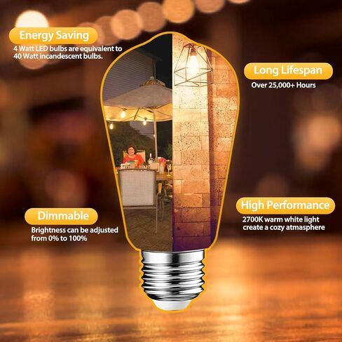6 Packs ST58 LED Edison Bulbs, 4 Watt Vintage Light Bulbs Equivalent to 40 Watts, 2700K Warm White Antique Decorative Light Bulbs, 90+ CRI, 480 Lumens E26 Base LED Bulbs, Clear Glass, Dimmable in Saudi Arabia