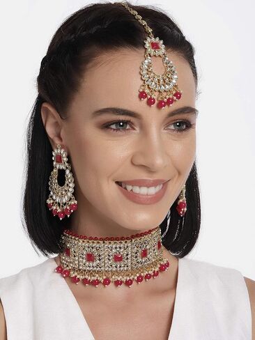 Aheli الزفاف كوندان فو اللؤلؤ قلادة قلادة مع أقراط Maang تيكا للنساء الفتيات الهندية التقليدية مجموعة مجوهرات الأزياء بوليوود الأخضر in Kuwait