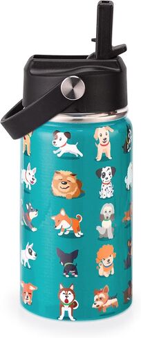 زجاجة مياه معزولة للأطفال، عبوتين من زجاجات المياه بسعة 12 أونصة مع قش قلاب ومقبض كبير، 18/8 من الفولاذ المقاوم للصدأ، هدايا للأطفال الأولاد والبنات إلى رياضات السفر المدرسية، غسيل يدوي فقط، أزرق وأسود in Kuwait