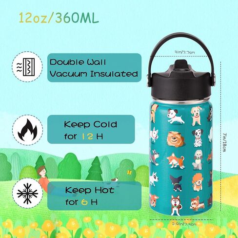 زجاجة مياه معزولة للأطفال، عبوتين من زجاجات المياه بسعة 12 أونصة مع قش قلاب ومقبض كبير، 18/8 من الفولاذ المقاوم للصدأ، هدايا للأطفال الأولاد والبنات إلى رياضات السفر المدرسية، غسيل يدوي فقط، أزرق وأسود in Kuwait