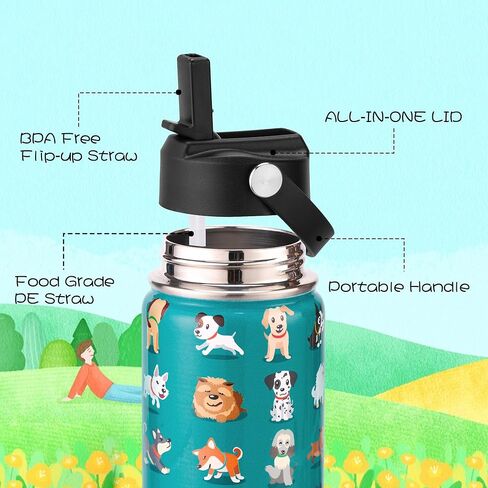 زجاجة مياه معزولة للأطفال، عبوتين من زجاجات المياه بسعة 12 أونصة مع قش قلاب ومقبض كبير، 18/8 من الفولاذ المقاوم للصدأ، هدايا للأطفال الأولاد والبنات إلى رياضات السفر المدرسية، غسيل يدوي فقط، أزرق وأسود in Kuwait
