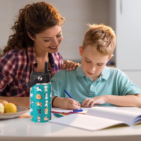 زجاجة مياه معزولة للأطفال، عبوتين من زجاجات المياه بسعة 12 أونصة مع قش قلاب ومقبض كبير، 18/8 من الفولاذ المقاوم للصدأ، هدايا للأطفال الأولاد والبنات إلى رياضات السفر المدرسية، غسيل يدوي فقط، أزرق وأسود in Kuwait