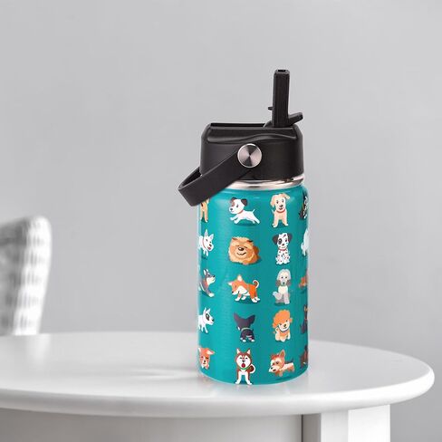 زجاجة مياه معزولة للأطفال، عبوتين من زجاجات المياه بسعة 12 أونصة مع قش قلاب ومقبض كبير، 18/8 من الفولاذ المقاوم للصدأ، هدايا للأطفال الأولاد والبنات إلى رياضات السفر المدرسية، غسيل يدوي فقط، أزرق وأسود in Kuwait